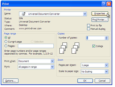 Select Universal Document Converter from the printers list and press Properties button