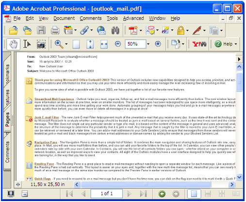 Converted email in Adobe Acrobat